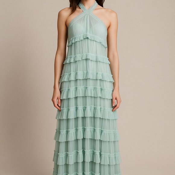 Mac Duggal Dresses & Skirts - Mac Duggal Seafoam Ruffle Halter Gown NWT | Size 2 | Tiered Tulle Dress